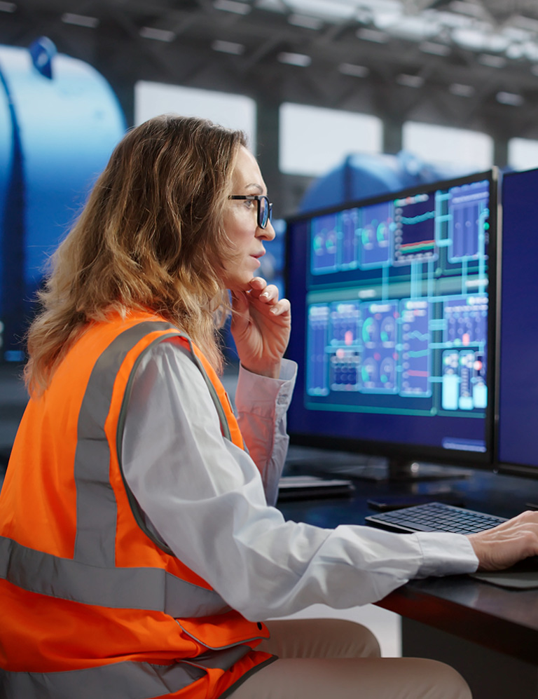 Female power engineer reviewing systems status